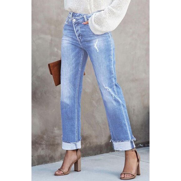 Womens High Waist Denim Cargo Pants Stretchy Wide Leg Flap Pockets - Picture 3 of 6